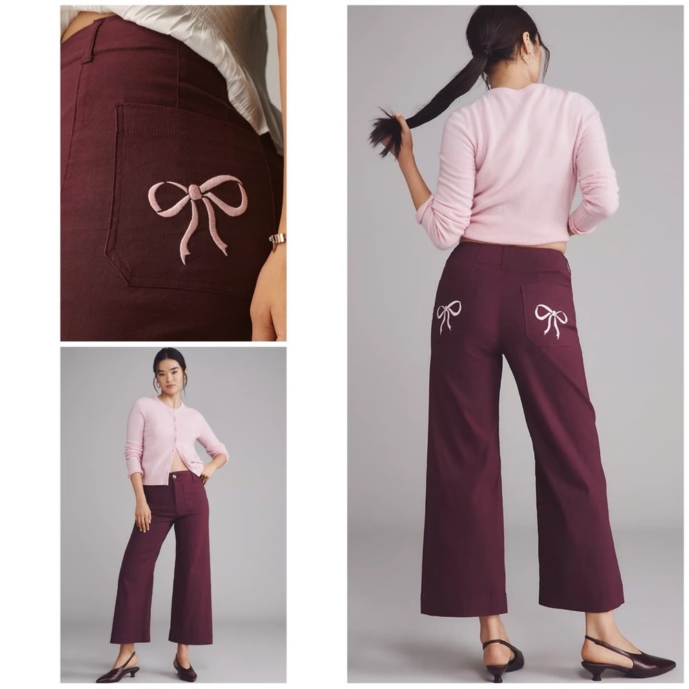 Maeve Wine Wide Leg Pants with Pink Bow Embroidery